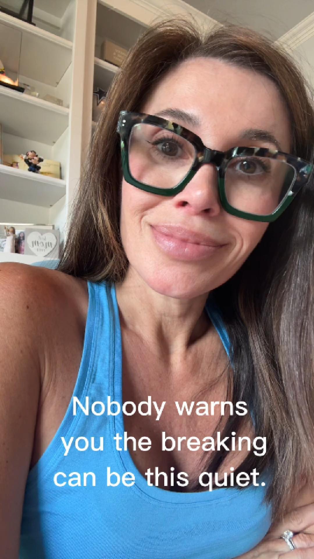 Selfie video still with text: Nobody warns you the breaking can be this quiet.